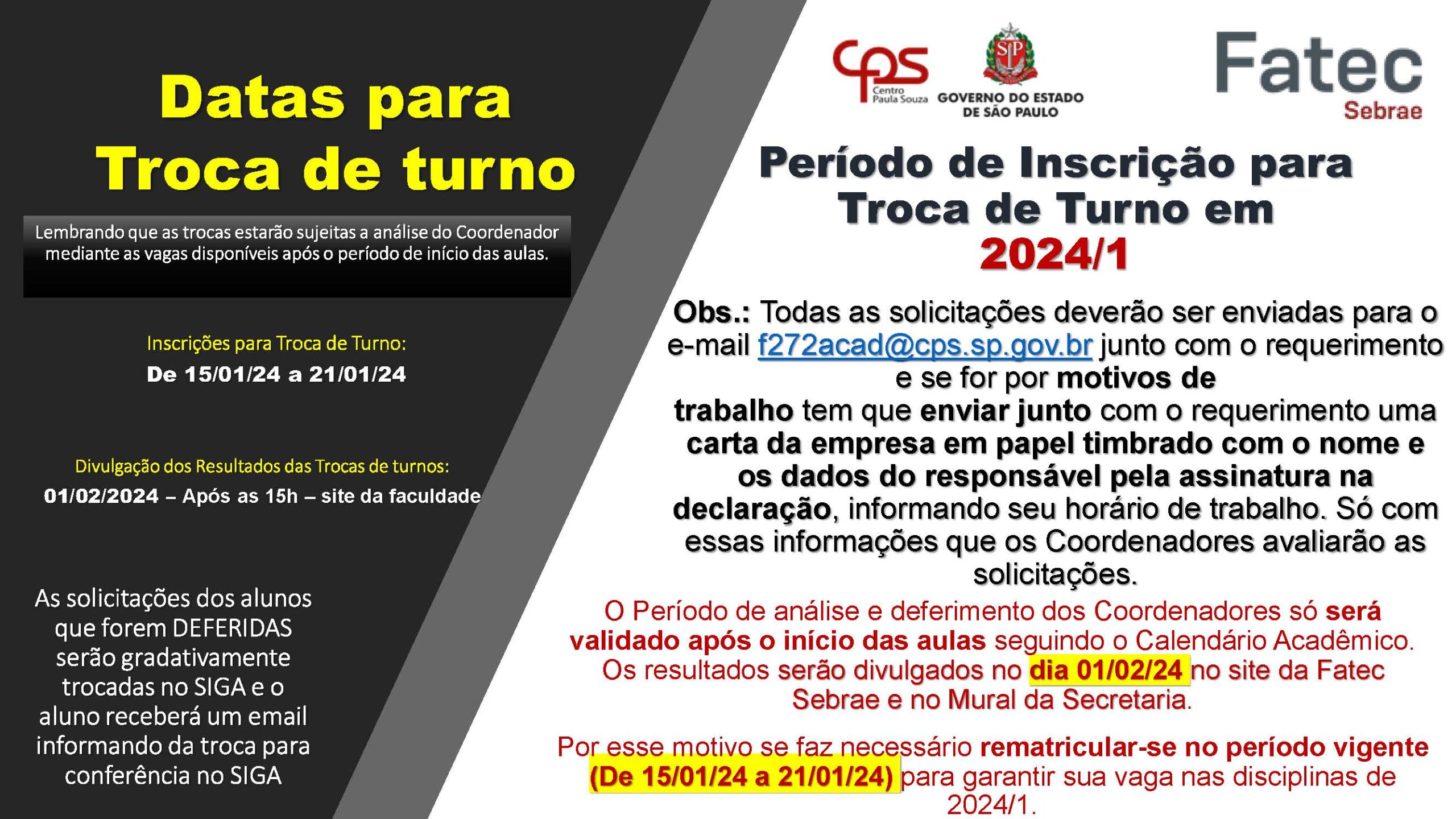 INSCRIÇÃO PARA TROCA DE TURNO - PARA 2024-1